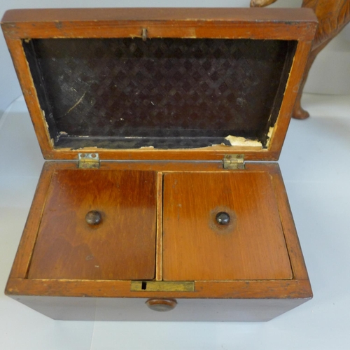 673 - A Liberty of London leather model of camel (stamped) and a Georgian sarcophagus wooden tea caddy