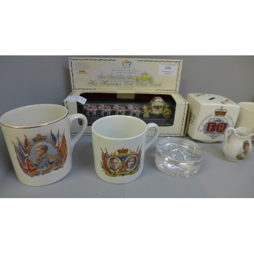 674 - Royal commemorative china and other items including Matchbox Her Majesty's Gold State Coach, boxed, ... 