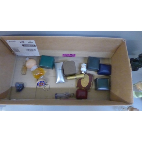 719 - A box of mixed perfume bottles including novelty Avon, (some with contents) jewellery boxes and comp... 