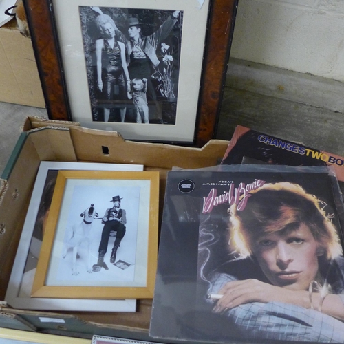 720 - Four David Bowie albums (some new), six Bowie framed pictures and one CD