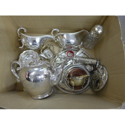 774 - A collection of silver plated items including two lidded dishes, jugs, coasters, tray, etc.