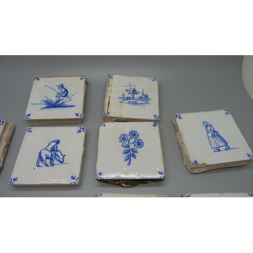 784 - Ten 17th/18th century delft tiles, 3x3 inch