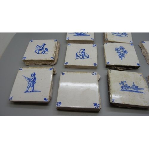 784 - Ten 17th/18th century delft tiles, 3x3 inch