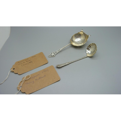 854 - Two silver sifter spoons, Birmingham 1901, Henry Matthews and Sheffield 1932, Emile Viner, 60g