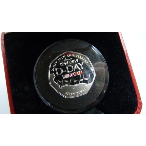 859 - A 2019 silver proof piedfort 50p D-Day coin, boxed with certificate