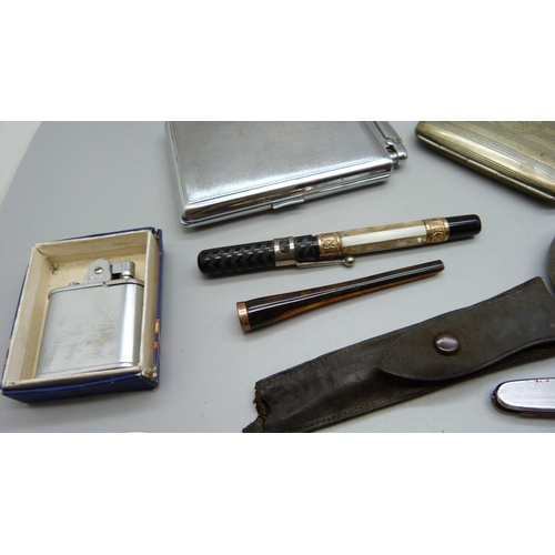 870 - Assorted items including a lighter, a pocket watch, watch movement, pen, cigarette case, etc.