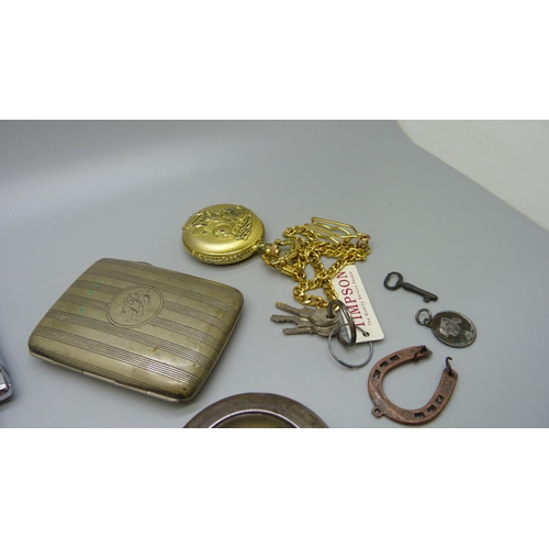 870 - Assorted items including a lighter, a pocket watch, watch movement, pen, cigarette case, etc.