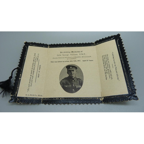 900 - A group of WWI medals including bronze death plaque and 'In loving memory' card and photo and histor... 