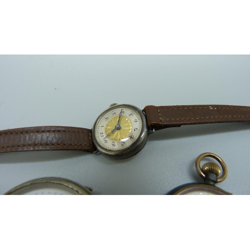 947 - A lady's silver wristwatch, pocket watch and a fob watch