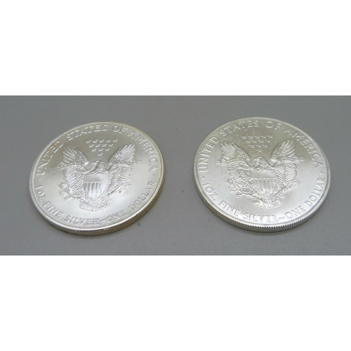 948 - Two Liberty American dollars; 2002, 2009, 62.8g