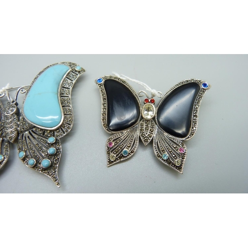 964 - Three large silver butterfly brooches, onyx and turquoise