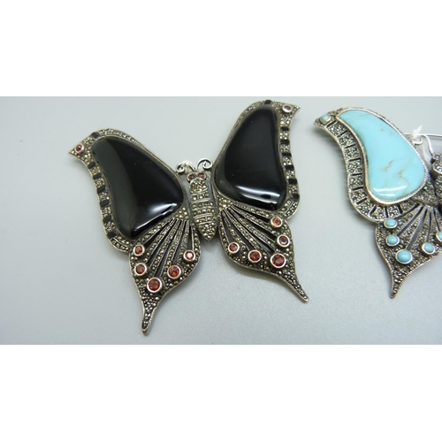 964 - Three large silver butterfly brooches, onyx and turquoise