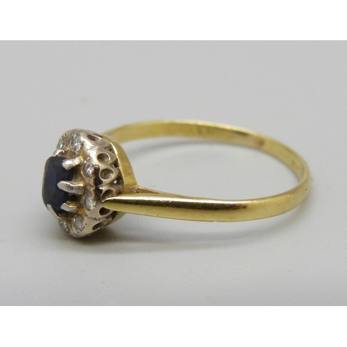 986 - An 18ct gold, sapphire and diamond ring, 2.1g, N