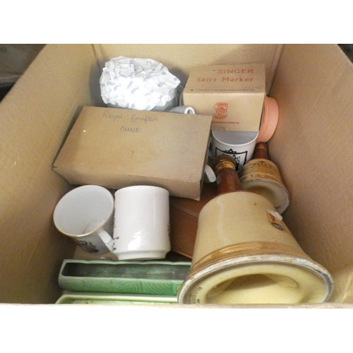 2208 - Box of misc. ceramics including Bells Whisky bottles and porcelain doll