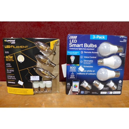 3074 - Conglom Chandelier Fil Bulb and Feit LED Smart A60 Bulb  3 Pack Wi-Fi   (253-66,79)  * This lot is s... 