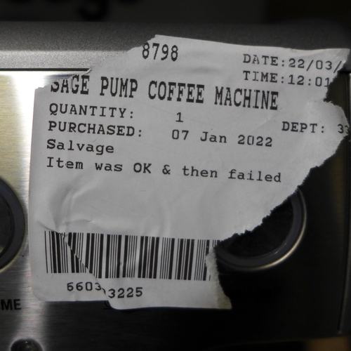 3158 - Sage Pump Coffee Machine, Original RRP  £449.99 + vat  (250A -62)  * This lot is subject to vat