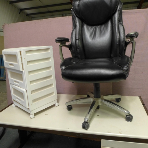 3260 - An office desk, three drawer storage chest and a leather effect manager's chair