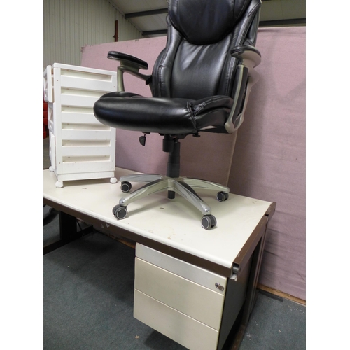 3260 - An office desk, three drawer storage chest and a leather effect manager's chair