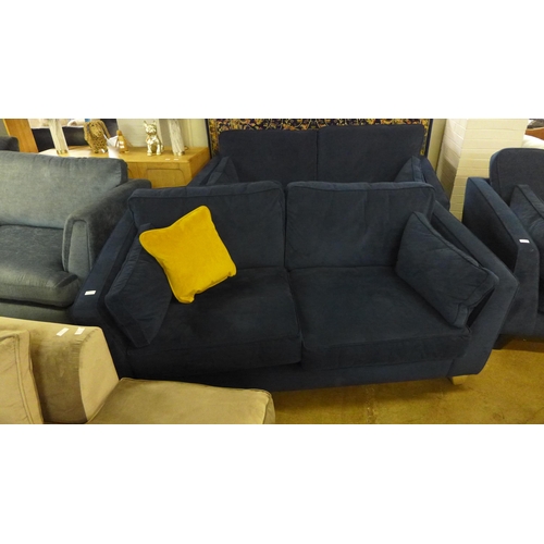 1432 - A pair of Vincent deep ocean blue two seater sofas with washed oak feet - RRP £2590