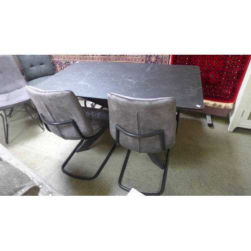 1594 - A Creed marble effect small dining table with a pair of Ralph graphite chairs and creed graphite ben... 