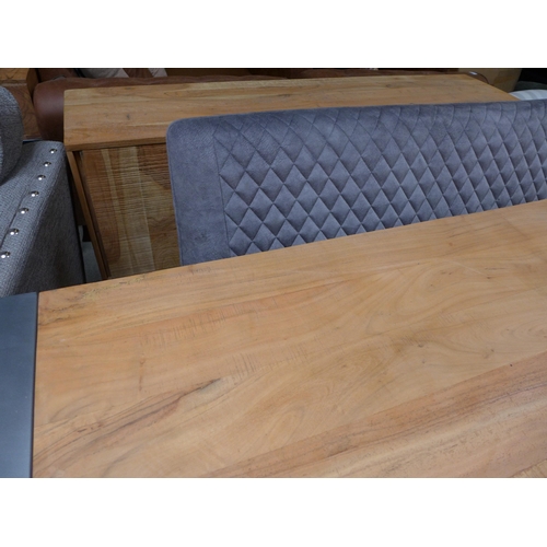 1613 - A Fire 2.0 hardwood and gunmetal grey dining table with a pair of creed dark grey upholstered high b... 