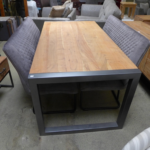 1613 - A Fire 2.0 hardwood and gunmetal grey dining table with a pair of creed dark grey upholstered high b... 