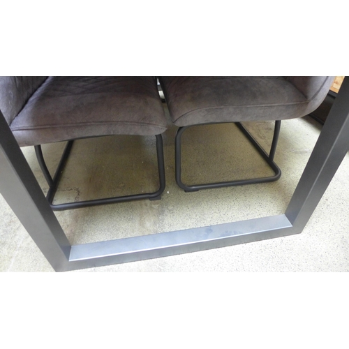 1613 - A Fire 2.0 hardwood and gunmetal grey dining table with a pair of creed dark grey upholstered high b... 