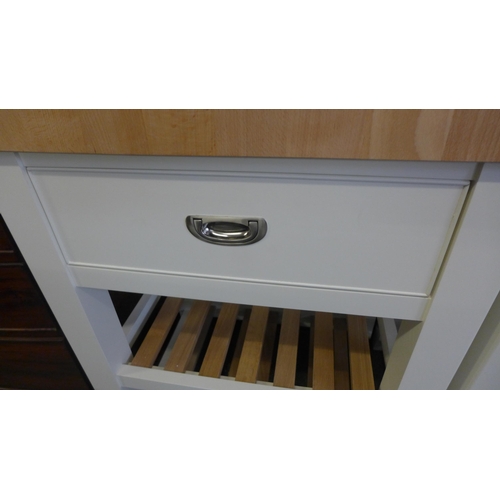 1639 - A white painted butchers block unit with a beech top