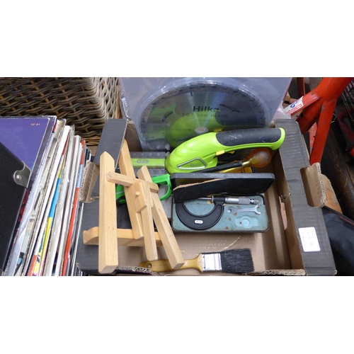 2051B - Small box of miscellaneous items including soldering gun, Hillea saw blade, music stand etc