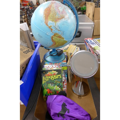 2062 - Light up globe plus approx 30 children's books and skateboard and shaving mirror-light