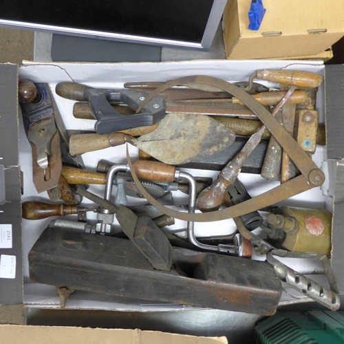 2141 - Box of misc hand tools including planes, saws, gas lamp, files, etc.