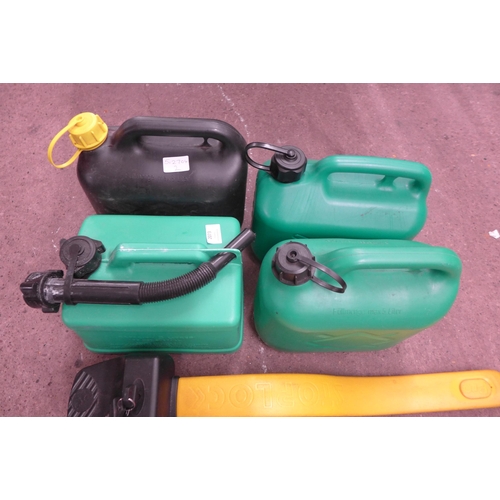 2140 - 4 plastic 5 litre petrol cans and road sign, stoplock steering wheel lock, 2 keys