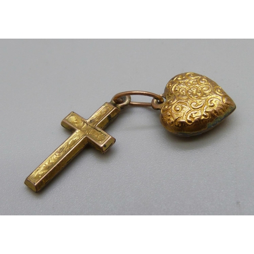 1122 - A 9ct gold heart charm and a cross, 1.3g total weight