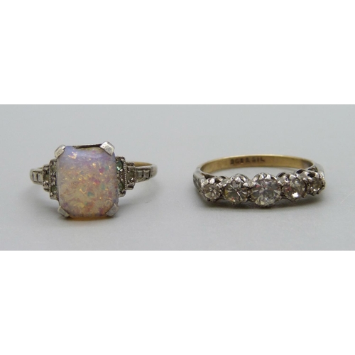 1124 - A 9ct gold and silver five stone paste ring and a 9ct gold and silver multi-coloured stone ring