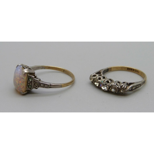 1124 - A 9ct gold and silver five stone paste ring and a 9ct gold and silver multi-coloured stone ring