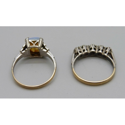 1124 - A 9ct gold and silver five stone paste ring and a 9ct gold and silver multi-coloured stone ring