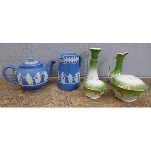 1140 - A dressing table set and a Dudson Brothers Hanley teapot and jug decorated with dancing ladies **PLE... 