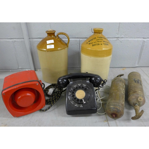 1163 - A klaxon, two fire extinguishers and two stoneware bottles **PLEASE NOTE THIS LOT IS NOT ELIGIBLE FO... 