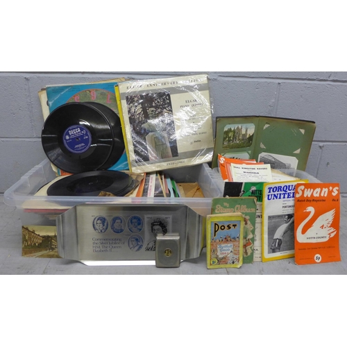 1165 - A collection of records, a postcard album, a Jubilee tray and a collection of football programmes, e... 