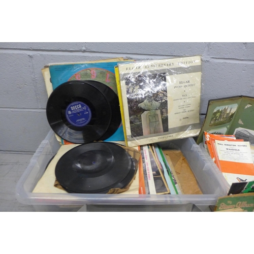 1165 - A collection of records, a postcard album, a Jubilee tray and a collection of football programmes, e... 