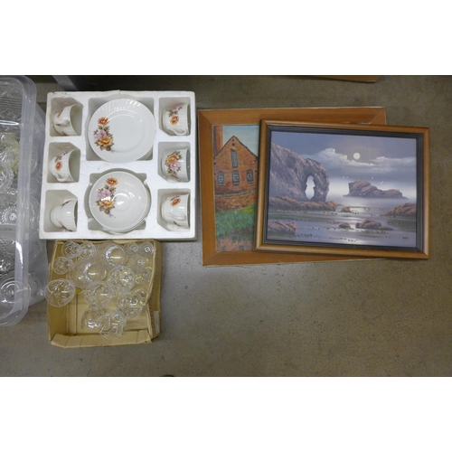 1167 - Three boxes of glassware, two steins a tea set and two paintings **PLEASE NOTE THIS LOT IS NOT ELIGI... 