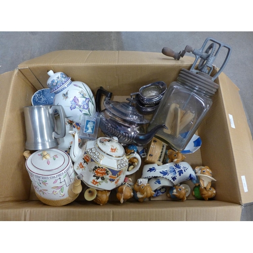 1169 - A silver plated tea set, Delft items, two tea pots including Gibson, a butter churn, etc. **PLEASE N... 