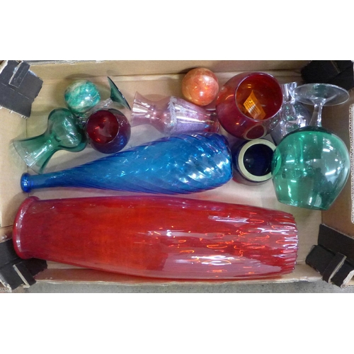 1184 - A box of coloured glass and two alabaster paperweights **PLEASE NOTE THIS LOT IS NOT ELIGIBLE FOR PO... 