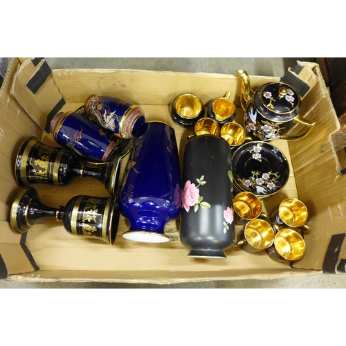 1187 - A box of decorative china including a cobalt blue KPM vase and Gibson coffee set **PLEASE NOTE THIS ... 