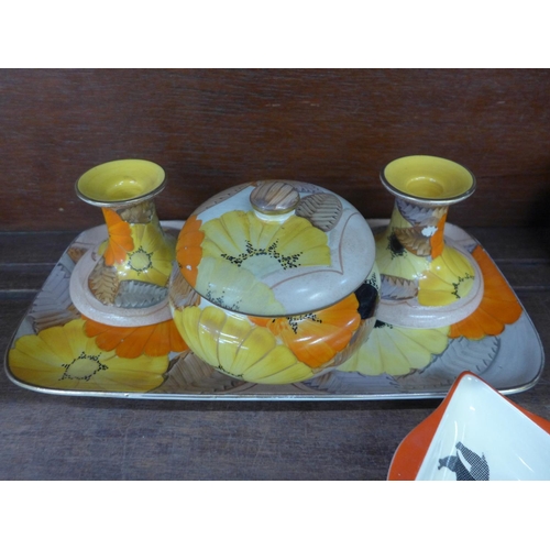 675 - A Gray's Pottery Art Deco dressing table set and three Beswick dishes