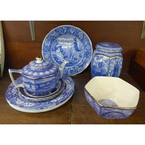 680 - Ringtons blue and white ginger jar, fruit bowl and teapot, four Spode plates and two Booths' Real Ol... 