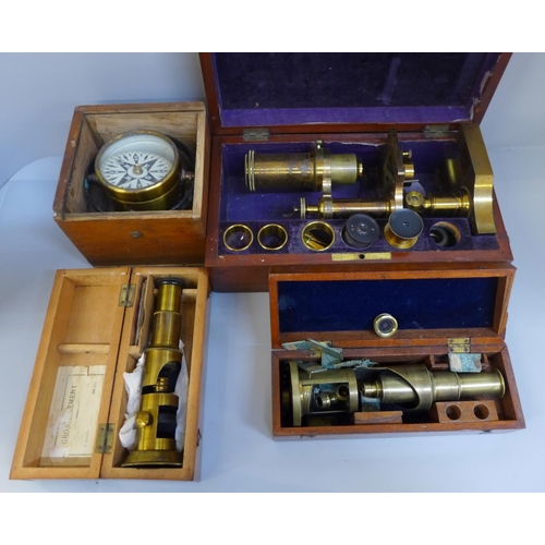 681 - A R&J Beck gilt brass microscope, numbered 8465 with additional eyepieces, two other microscopes and... 