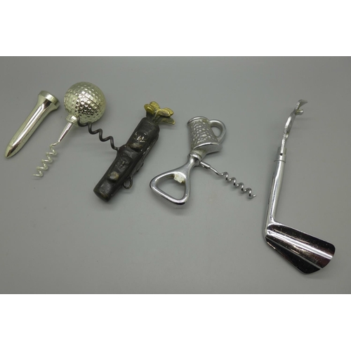 684 - Four golf related corkscrews and bottle openers