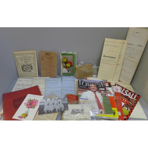 693 - Mixed ephemera, a small collection of conveyances and deeds, football programmes, vintage greetings ... 