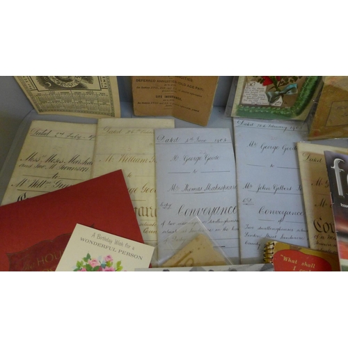 693 - Mixed ephemera, a small collection of conveyances and deeds, football programmes, vintage greetings ... 